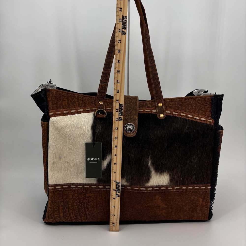 Myra Asher Weekender Bag Women's Brown Cowhide Leather Denim S-6780 Boho New - Picture 3 of 14